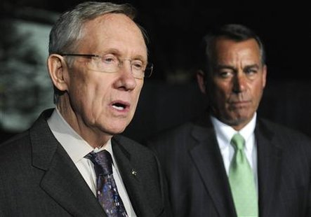 House Speaker John Boehner (R-OH) (R) looks on as Senate Majority Leader Harry Reid (D-NV) (L) delivers remarks to reporters about the budget impasse after their meeting with President Barack Obama at the White House in Washington April 6, 2011. REUTERS/Jonathan Ernst
House Speaker John Boehner (R-OH) (R) looks on as Senate Majority Leader Harry Reid (D-NV) (L) delivers remarks to reporters about the budget impasse after their meeting with President Barack Obama at the White House in Washington April 6, 2011. REUTERS/Jonathan Ernst