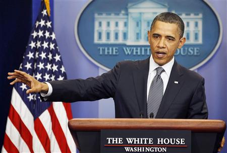 
U.S. President Barack Obama talks about the budget in the White House press briefing room in Washington, April 5, 2011. REUTERS/Larry Downing

