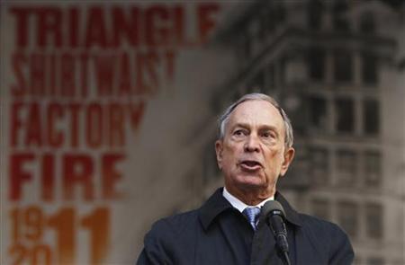 New York City mayor Michael Bloomberg speaks during a ceremony to commemorate the 100th anniversary of the Triangle Shirtwaist fire in New York March 25, 2011. REUTERS/Lucas Jackson
New York City mayor Michael Bloomberg speaks during a ceremony to commemorate the 100th anniversary of the Triangle Shirtwaist fire in New York March 25, 2011. REUTERS/Lucas Jackson