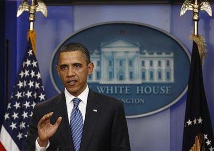 U.S. President Barack Obama speaks about his meeting with U.S. House Speaker John Boehner (R-OH) and Senate Majority leader Harry Reid (D-NV) to break the impasse over the budget in Washington April 7, 2011. REUTERS/Jim Young
U.S. President Barack Obama speaks about his meeting with U.S. House Speaker John Boehner (R-OH) and Senate Majority leader Harry Reid (D-NV) to break the impasse over the budget in Washington April 7, 2011. REUTERS/Jim Young