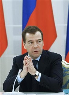 
Russian President Dmitry Medvedev gestures during his meeting with representatives of noncommercial organisations at the Gorki presidential residence outside Moscow April 8, 2011. REUTERS/Vladimir Rodionov/RIA Novosti/Kremlin/Handout
