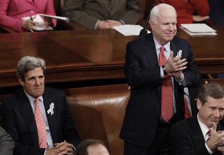 U. S. Senator John McCain (R-AZ) applauds as fellow Senator John Kerry (D-MA) looks on during U.S. President Barack Obama's State of the Union address to a joint session of Congress on Capitol Hill in Washington, January 25, 2011. REUTERS/Jim Young
U. S. Senator John McCain (R-AZ) applauds as fellow Senator John Kerry (D-MA) looks on during U.S. President Barack Obama's State of the Union address to a joint session of Congress on Capitol Hill in Washington, January 25, 2011. REUTERS/Jim Young
