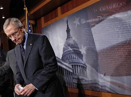 
Senate Majority leader Harry Reid (D-NV) listens to questions during a news conference on Capitol Hill in Washington, April 14, 2011. REUTERS/Jim Young

