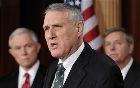 Senator Jon Kyl (R-AZ) (C) leads a news conference about his opposition to moving forward on a vote to ratify the START treaty during the current lame duck session, at the U.S. Capitol in Washington, December 21, 2010. REUTERS/Jonathan Ernst
Senator Jon Kyl (R-AZ) (C) leads a news conference about his opposition to moving forward on a vote to ratify the START treaty during the current lame duck session, at the U.S. Capitol in Washington, December 21, 2010. REUTERS/Jonathan Ernst