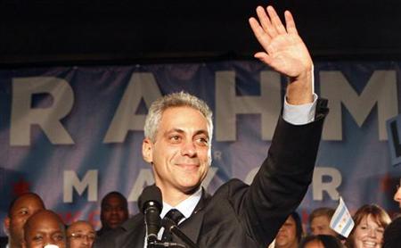 Chicago mayor-elect Rahm Emanuel gestures after speaking to supporters during an election night party in Chicago February 22, 2011. REUTERS/Frank Polich
Chicago mayor-elect Rahm Emanuel gestures after speaking to supporters during an election night party in Chicago February 22, 2011. REUTERS/Frank Polich
