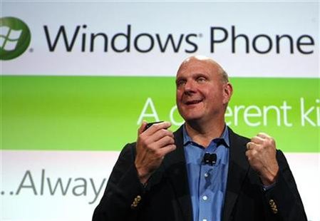 Microsoft CEO Steve Ballmer speaks during the Windows Phone 7 launch in New York, October 11, 2010. REUTERS/Jessica Rinaldi
Microsoft CEO Steve Ballmer speaks during the Windows Phone 7 launch in New York, October 11, 2010. REUTERS/Jessica Rinaldi