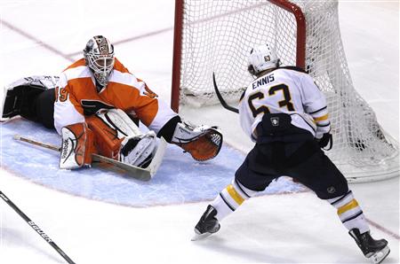 Buffalo Sabres winger Tyler Ennis (63) scores the game winning goal against Philadelphia Flyers goalie Michael Leighton (49) during the overtime period of Game 5 of their NHL Eastern Conference quarter-final hockey game in Philadelphia, Pennsylvania April 22, 2011. REUTERS/Tim Shaffer
Buffalo Sabres winger Tyler Ennis (63) scores the game winning goal against Philadelphia Flyers goalie Michael Leighton (49) during the overtime period of Game 5 of their NHL Eastern Conference quarter-final hockey game in Philadelphia, Pennsylvania April 22, 2011. REUTERS/Tim Shaffer