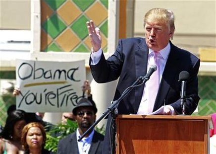 Property magnate and reality TV star Donald Trump speaks at a South Florida Tea Party rally in Boca Raton, Florida, April 16, 2011. REUTERS/Joe Skipper
Property magnate and reality TV star Donald Trump speaks at a South Florida Tea Party rally in Boca Raton, Florida, April 16, 2011. REUTERS/Joe Skipper