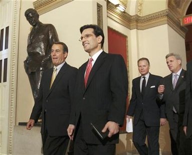 House Republican Leader John Boehner (L) and Republican Whip Eric Cantor (2nd L) lead the Republican members of Congress into the House of Representatives chamber to begin the vote on health care reform on Capitol Hill in Washington, March 21, 2010. REUTERS/Larry Downing
House Republican Leader John Boehner (L) and Republican Whip Eric Cantor (2nd L) lead the Republican members of Congress into the House of Representatives chamber to begin the vote on health care reform on Capitol Hill in Washington, March 21, 2010. REUTERS/Larry Downing