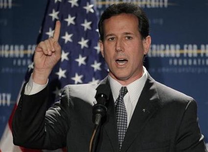Former U.S. Senator and likely Republican presidential candidate Rick Santorum (R-PA) speaks at the Americans for Prosperity Foundation's "Presidential Summit on Spending and Job Creation" in Manchester, New Hampshire April 29, 2011. REUTERS/Brian Snyder
Former U.S. Senator and likely Republican presidential candidate Rick Santorum (R-PA) speaks at the Americans for Prosperity Foundation's "Presidential Summit on Spending and Job Creation" in Manchester, New Hampshire April 29, 2011. REUTERS/Brian Snyder