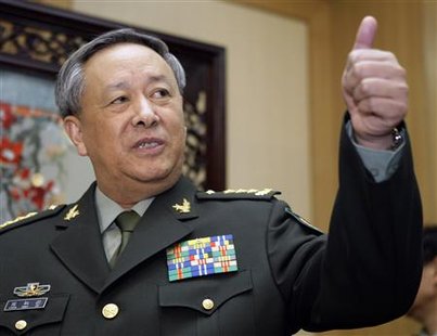 China's Chief of the General Staff of the People's Liberation Army (PLA) General Chen Bingde gestures to a U.S. journalist at the Ba Yi Building in Beijing in this January 14, 2008 file photo. REUTERS/Andy Wong/Pool/Files
China's Chief of the General Staff of the People's Liberation Army (PLA) General Chen Bingde gestures to a U.S. journalist at the Ba Yi Building in Beijing in this January 14, 2008 file photo. REUTERS/Andy Wong/Pool/Files