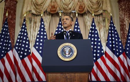 President Barack Obama delivers a speech on United States' policy regarding the Middle East and North Africa at the State Department in Washington May 19, 2011. REUTERS/Jim Young
President Barack Obama delivers a speech on United States' policy regarding the Middle East and North Africa at the State Department in Washington May 19, 2011. REUTERS/Jim Young