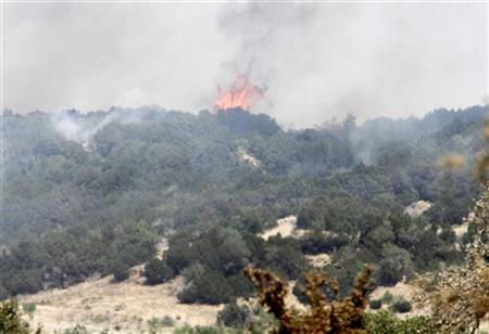Flames crest over a hill as part of the out of control wild fires in Palo Pinto County, Texas April 19, 2011. REUTERS/Tim Sharp
Flames crest over a hill as part of the out of control wild fires in Palo Pinto County, Texas April 19, 2011. REUTERS/Tim Sharp