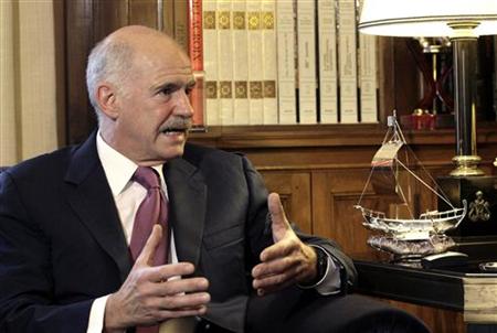 Greece's PM Papandreou gestures during his mmeting with President Papoulias in Athens