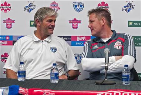 Toronto FC head coach Cummins and Vancouver Whitecaps head coach Thordarson during news conference in Burnaby Toronto FC head coach Cummins and Vancouver Whitecaps head coach Thordarson during news conference in Burnaby