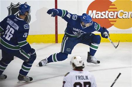 Vancouver Canucks' Hansen celebrates his goal against Chicago Blackhawks during their NHL Western Conference hockey game in Vancouver Vancouver Canucks' Hansen celebrates his goal against Chicago Blackhawks during their NHL Western Conference hockey game in Vancouver