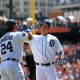 Detroit Tigers Miguel Cabrera and Brennan Boesch celebrate in a stock image from 2010.  