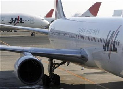Japan Airlines airplanes are parked at Haneda international airport in Tokyo