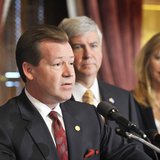 Michigan Senate Majority Leader Randy Richardville, R-Monroe, addresses members of the media during a press conference with Gov. Rick Snyder and legislative colleagues announcing an agreement on spending targets for the FY 2012 state budget. Photo courtesy of senate.michigan.gov. Michigan Senate Majority Leader Randy Richardville, R-Monroe, addresses members of the media during a press conference with Gov. Rick Snyder and legislative colleagues announcing an agreement on spending targets for the FY 2012 state budget. Photo courtesy of senate.michigan.gov.