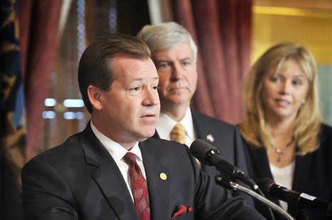 Michigan Senate Majority Leader Randy Richardville, R-Monroe, addresses members of the media during a press conference with Gov. Rick Snyder and legislative colleagues announcing an agreement on spending targets for the FY 2012 state budget. Photo courtesy of senate.michigan.gov. Michigan Senate Majority Leader Randy Richardville, R-Monroe, addresses members of the media during a press conference with Gov. Rick Snyder and legislative colleagues announcing an agreement on spending targets for the FY 2012 state budget. Photo courtesy of senate.michigan.gov.
