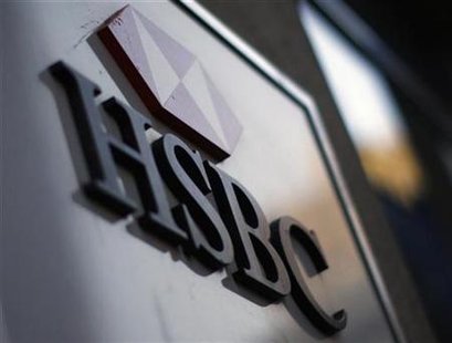 A sign at a HSBC bank branch office is seen in New York