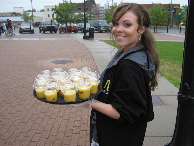 Q106 & McDonald's had a good time with you before the game, the samples of the new McCafe Mango Pineapple Real Fruit Smoothie.
