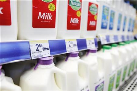 Price labels of half gallons of milk for sale are seen in a store in New York Price labels of half gallons of milk for sale are seen in a store in New York