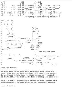 Screen grab shows Lulz Security hacking group message regarding the senate website hack