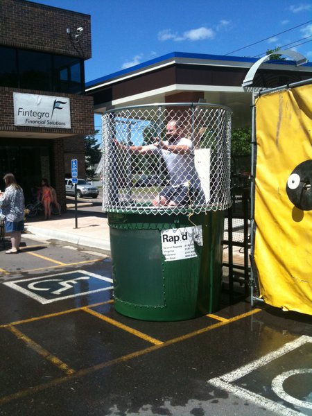 Justin in the dunk tank raising money for the Hibbing Food Shelf