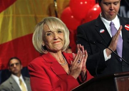 Arizona governor Jan Brewer (R-AZ) celebrates her victory after defeating Democratic gubernatorial candidate Terry Goddard in Phoenix Arizona governor Jan Brewer (R-AZ) celebrates her victory after defeating Democratic gubernatorial candidate Terry Goddard in Phoenix