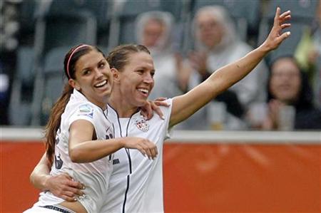 Morgan of the U.S. celebrates with teammate Cheney a goal during the Women's World Cup semi-final soccer match against France in Monchenglad Morgan of the U.S. celebrates with teammate Cheney a goal during the Women's World Cup semi-final soccer match against France in Monchenglad