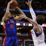 Detroit Pistons forward Tayshaun Prince (22) shoots under pressure from Philadelphia 76ers forward Andres Nocioni (R) during the first quarter of their NBA basketball game in Philadelphia, Pennsylvania April 13, 2011. REUTERS Detroit Pistons forward Tayshaun Prince (22) shoots under pressure from Philadelphia 76ers forward Andres Nocioni (R) during the first quarter of their NBA basketball game in Philadelphia, Pennsylvania April 13, 2011. REUTERS
