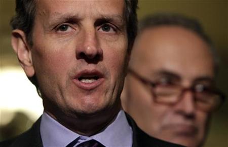 Timothy Geithner speaks to the media next to Charles Schumer after his meeting about the debt limit on Capitol Hill in Washington Timothy Geithner speaks to the media next to Charles Schumer after his meeting about the debt limit on Capitol Hill in Washington