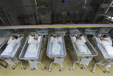 Newborn babies sleep in a ward at a hospital in Hefei Newborn babies sleep in a ward at a hospital in Hefei