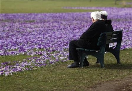 An elderly couple sit on a bench next crocus flowers in a park in Duesseldorf An elderly couple sit on a bench next crocus flowers in a park in Duesseldorf