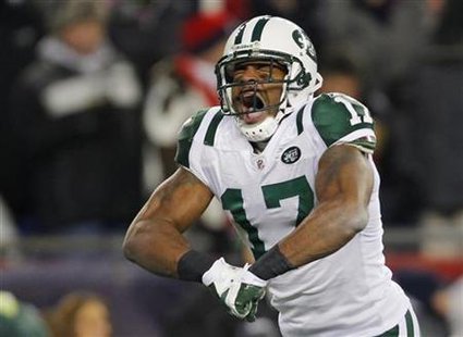 Jets wide receiver Edwards celebrates touchdown on the Patriots during their AFC Divisional NFL playoff football game in Foxborough