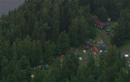 An aerial view of Utoeya island is seen in this still image taken from video footage