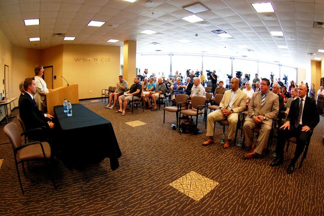 Newly-announced Western Michigan hockey coach Andy Murray - an esteemed member of the NHL Coaches 300 Win Club - addresses the media at his introduction in the Seelye Center on WMU's campus, July 26, 2011.  Photos by Sean Patrick Duross.