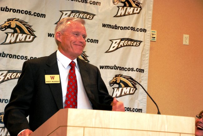 Newly-announced Western Michigan hockey coach Andy Murray - an esteemed member of the NHL Coaches 300 Win Club - addresses the media at his introduction in the Seelye Center on WMU's campus, July 26, 2011.  Photos by Sean Patrick Duross.