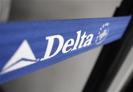 The Delta airline logo is seen on a strap at JFK Airport in New York The Delta airline logo is seen on a strap at JFK Airport in New York