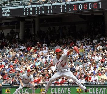 Angels' Santana pitches during the ninth inning of the Angels MLB American League baseball game against the Indians in Cleveland Angels' Santana pitches during the ninth inning of the Angels MLB American League baseball game against the Indians in Cleveland
