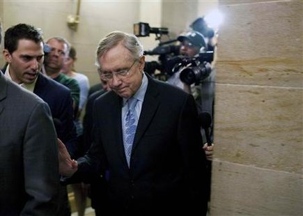Harry Reid speaks to reporters as he leaves after meeting with House Democratic leadership on the debt ceiling crises on Capitol Hill in Was Harry Reid speaks to reporters as he leaves after meeting with House Democratic leadership on the debt ceiling crises on Capitol Hill in Was