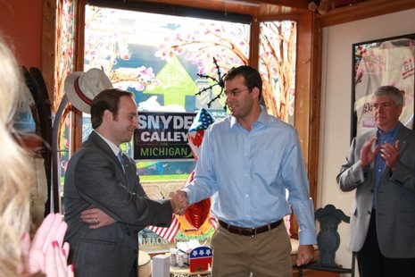 Republican Congressman Justin Amash of Michigan shakes hands with Lieutenant Governor Brian Calley. Photo courtesy of Amash on Facebook. Republican Congressman Justin Amash of Michigan shakes hands with Lieutenant Governor Brian Calley. Photo courtesy of Amash on Facebook.
