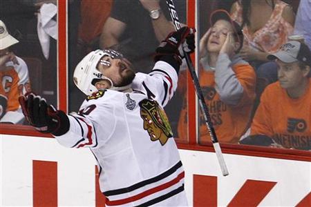 Chicago Blackhawks Sharp celebrates his goal in Game 6 of the NHL Stanley Cup final hockey series against the Philadelphia Flyers in Philade Chicago Blackhawks Sharp celebrates his goal in Game 6 of the NHL Stanley Cup final hockey series against the Philadelphia Flyers in Philade