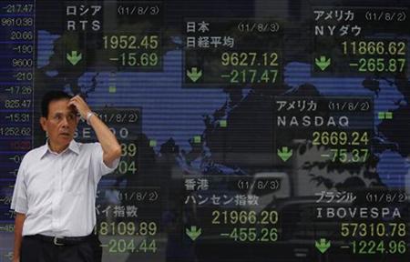 A man scratches his forehead in front of an electronic board displaying falls in major market indices around the world outside a brokerage i A man scratches his forehead in front of an electronic board displaying falls in major market indices around the world outside a brokerage i