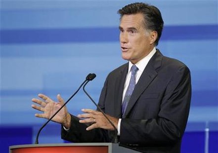 U.S. Republican presidential candidate Mitt Romney speaks during the Republican presidential debate in Ames