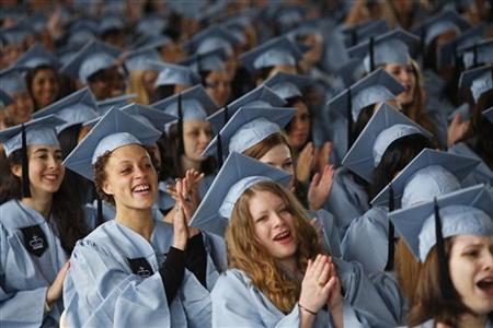 Graduating seniors cheer at the commencement for Barnard College, in New York Graduating seniors cheer at the commencement for Barnard College, in New York