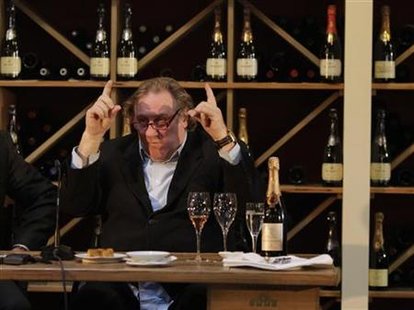 French actor Depardieu addresses media on his sparkling wine edition in Berlin French actor Depardieu addresses media on his sparkling wine edition in Berlin