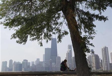 A woman sits in the shade under a tree along the water near North Avenue Beach in Chicago