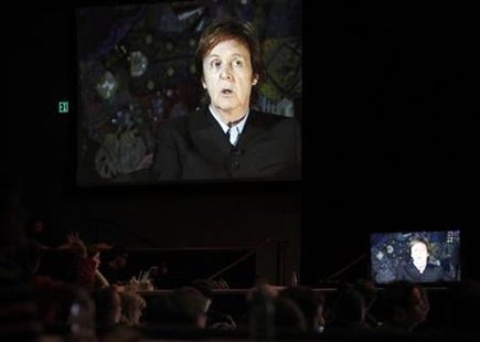 British singer McCartney answers question via satellite during Showtime session for "The Love We Make" during Summer Television Critics Asso British singer McCartney answers question via satellite during Showtime session for "The Love We Make" during Summer Television Critics Asso